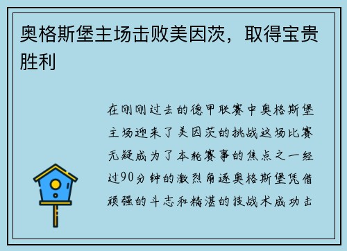 奥格斯堡主场击败美因茨，取得宝贵胜利